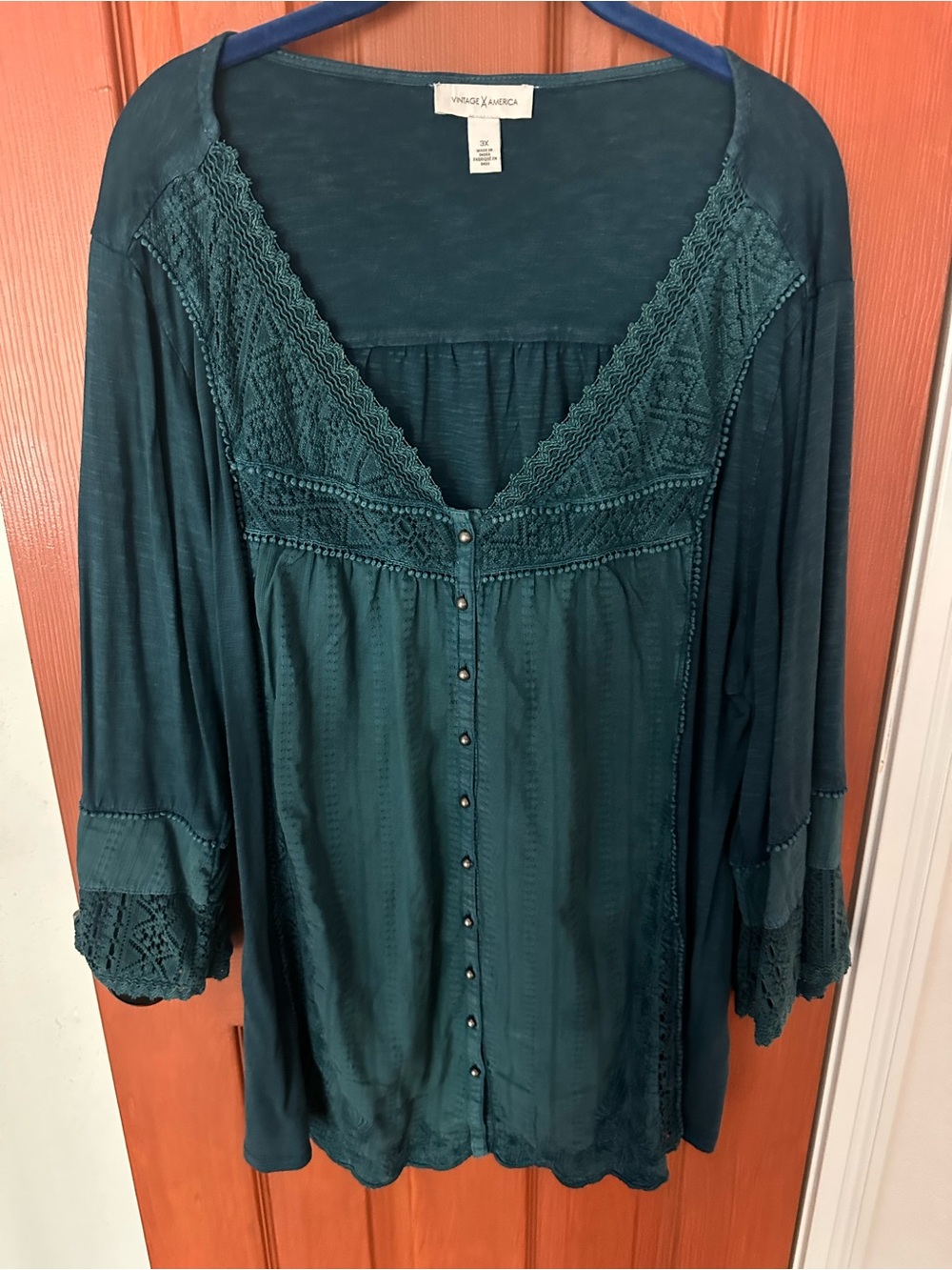 Vintage America Teal Crochet-Trim Button-Front Tunic